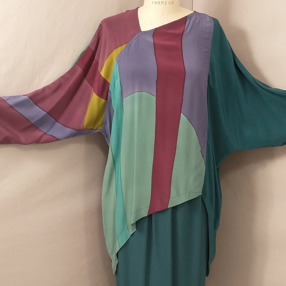 Vintage Silk Set Mod Design by Mosswear USA made Party Dress 80s / 90s Colorful - Picture 2 of 12